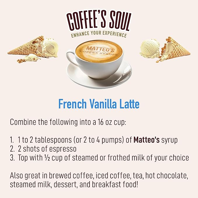 Matteo's French Vanilla Syrup for Coffee, Lattes, Cappuccinos & Desserts – Sugar-Free Sweetener for Beverages, Keto Friendly, Zero Calories, Indulgent Flavor, Non-Alcoholic, 33.8oz (6pk)