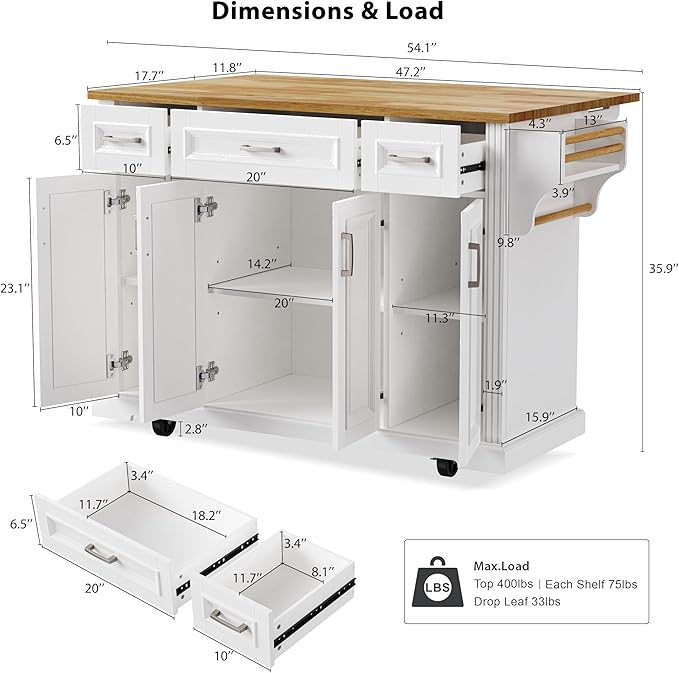 Yayzy Rolling Kitchen Island with Drop Leaf, 3 Drawers & 4 Cabinet Doors, 54” Mobile Kitchen Cart with Rubberwood Top, Side Storage Racks & Locking Wheels for Dining Room & Kitchen, White