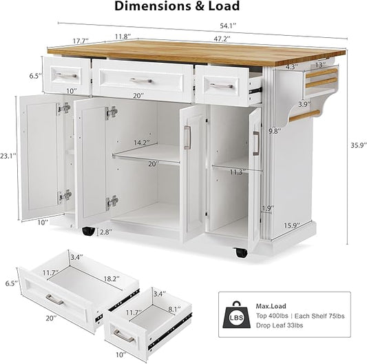 Yayzy Rolling Kitchen Island with Drop Leaf, 3 Drawers & 4 Cabinet Doors, 54” Mobile Kitchen Cart with Rubberwood Top, Side Storage Racks & Locking Wheels for Dining Room & Kitchen, White