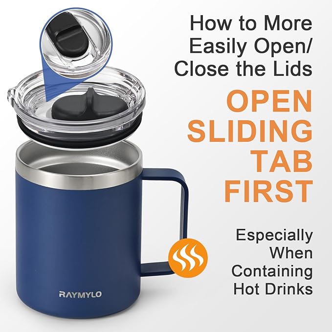 Insulated Coffee Mug 12 oz, Double Wall Stainless Steel Coffee Mug with Lids, Leak-Proof & Detachable Slider Lid for Thorough Clean, Keeps Coffee Cold for 9 Hrs, Suitable for Camp Home Office
