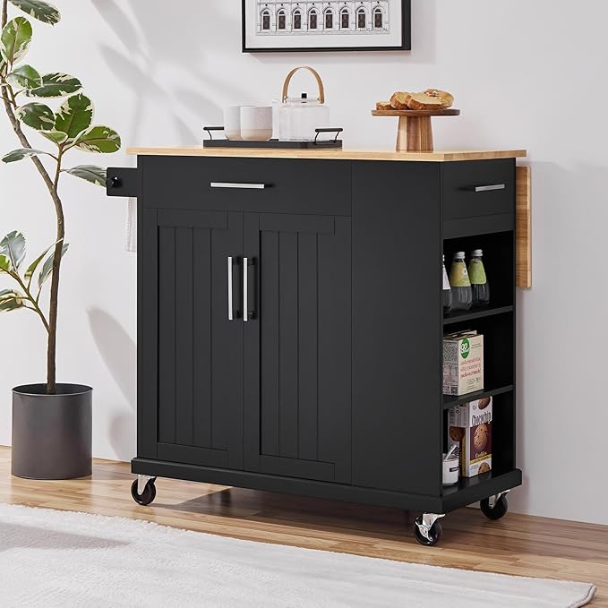 Yaheetech Rolling Kitchen Island Cart with Drop Leaf, Portable Rubberwood Breakfast Bar with Storage Cabinet, Open Shelves & Detachable Towel, 2 Drawers, Black