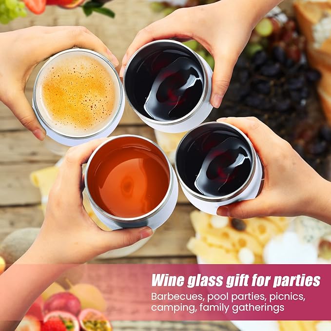 6 Pack Stainless Steel Wine Tumblers 12 oz Insulated Vacuum Wine Cup Set Double Wall Stainless Steel Stemless Mug Glasses for Coffee Soda Whiskey Outdoor Travel (White)