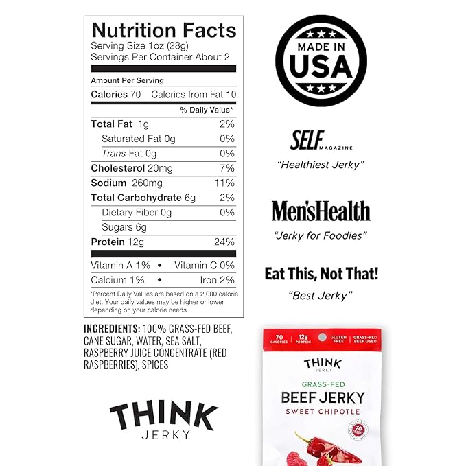 Think Jerky Sweet Chipotle Beef Jerky, Grass-Fed High Protein Beef Jerky, Gluten Free, No Antibiotics or Nitrates, Healthy Chef Crafted Recipe, Low Calorie and Low Fat - 2.2 oz Bags, 8 Pack