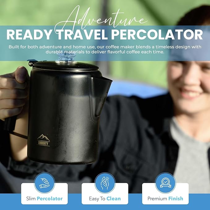 Toughty Yosemite Percolator Coffee Pot – Classic Stovetop Coffee Maker for Camping, Hiking & Home, Durable Stainless Steel Pot, Compatible with All Stovetops – Old-Fashioned 12-Cup Percolator, Black