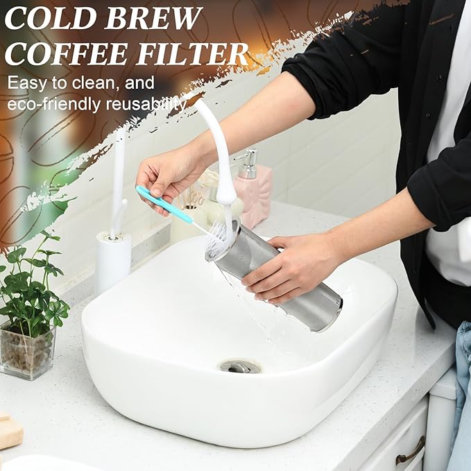 Acellegic Cold Brew Coffee Filter with Brush for 128 Oz/4 Quart Wide Mouth Mason Jar Infuser 304 Stainless Steel Strainer Food Grade Filter with Sealing Ring for Iced Drink Fruit Tea Coffee Maker