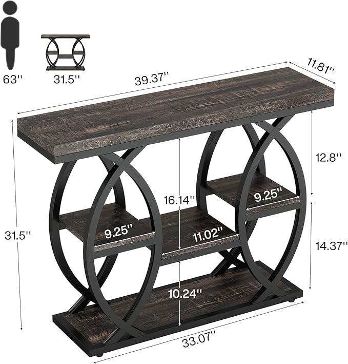 Tribesigns 39.4" Console Table, Industrial 4-Tier Sofa Table Entryway Table with Storage Shelves, Narrow Wood Accent Tables with Metal Frame for Small Spaces, Hallway, Foyer, Black Brown
