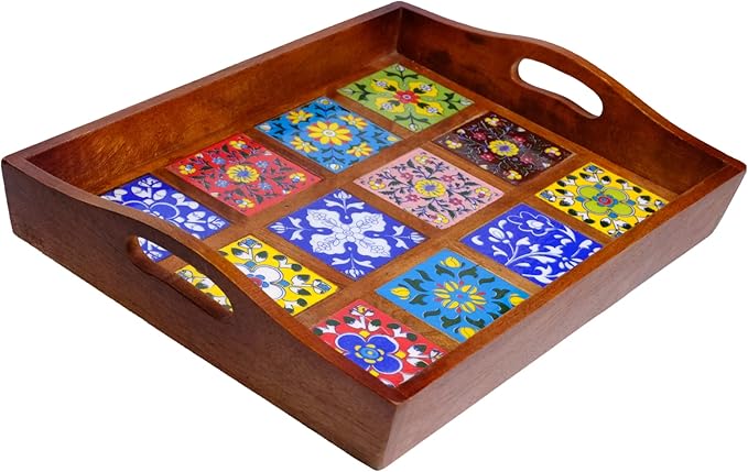 Craft Trade Mango Wood Serving Tray with Handle and 12 Fitted Floral Ceramic Tiles Wooden Platters Perfect for Breakfast Tea Coffee Snacks Dinner 38x30x8 cm Rectangle