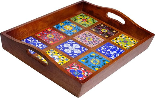 Craft Trade Mango Wood Serving Tray with Handle and 12 Fitted Floral Ceramic Tiles Wooden Platters Perfect for Breakfast Tea Coffee Snacks Dinner 38x30x8 cm Rectangle