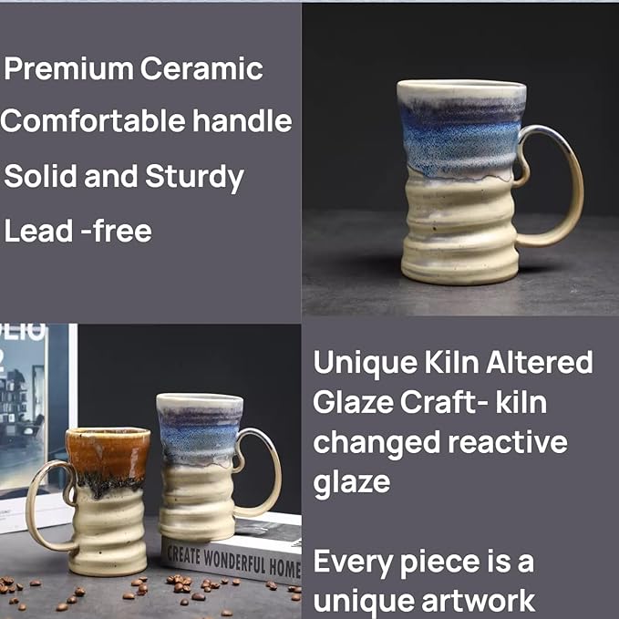 17oz Large Unique Cool Tall Handmade Ceramic Coffee Mug with Comfortable Big handle, Big Pottery Tea Mug, Artisanal Stoneware Coffee cup, Rustic Lead-free Tea Cups, Microwave safe Coffee Cup