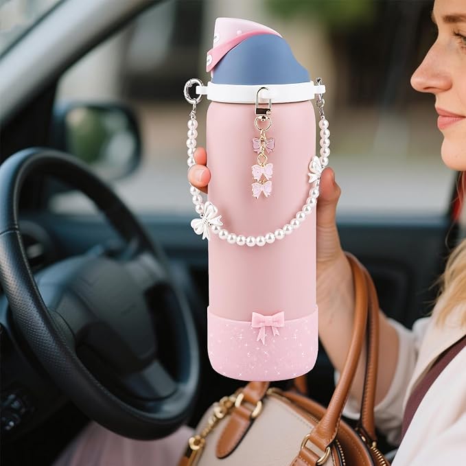 Water Bottle Accessories Set for Owala FreeSip 24oz、32 oz– Includes Pearl Handle Strap, Bow Charms,2.9in .3inch Silicone Bling Boot for Owala Accessories for Women