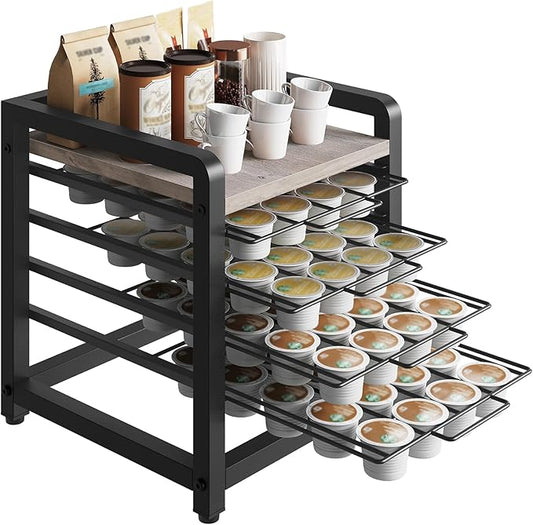 Coffee Pod Drawer Holder, 4 Tier Organizer for K Cup, 80 Pods Capacity, Spacious Storage Rack for K Cup, Space Saving, Easy Assembly, for Kitchen, Greige and Black KH04BG
