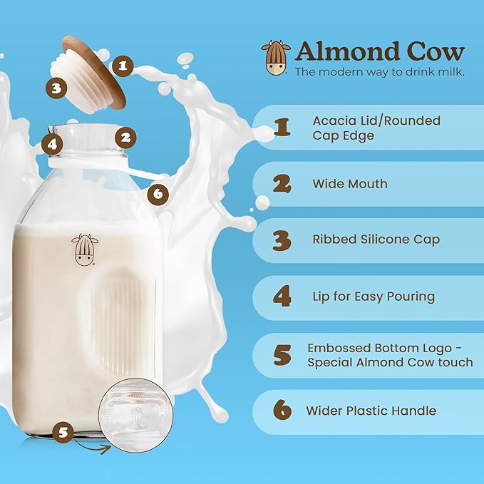 Almond Cow - Glass Pitcher with Lid and Spout, Glass Bottle Milk Container for Refrigerator, Clear Milk Jar Bottles, Food-Grade Liquid Container - 60 fl oz Capacity, 5 x 4 x 10 Inches
