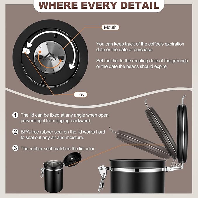ShanSon Coffee Canister Airtight Coffee Container Stainless Steel Coffee Bean Storage Container with Scoop Coffee Canister for Beans Grounds Sugar Flour Tea Cereal,22OZ, Black