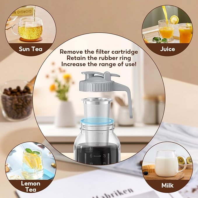 Cold Brew Coffee Maker Jar - 2 Pack 64 oz Glass Cold Brew Maker with Handle, Stainless Steel Filter & Leak-Proof Lid, Heavy Duty Cold Brew Pitcher for Iced Coffee, Sun Tea, and Milk