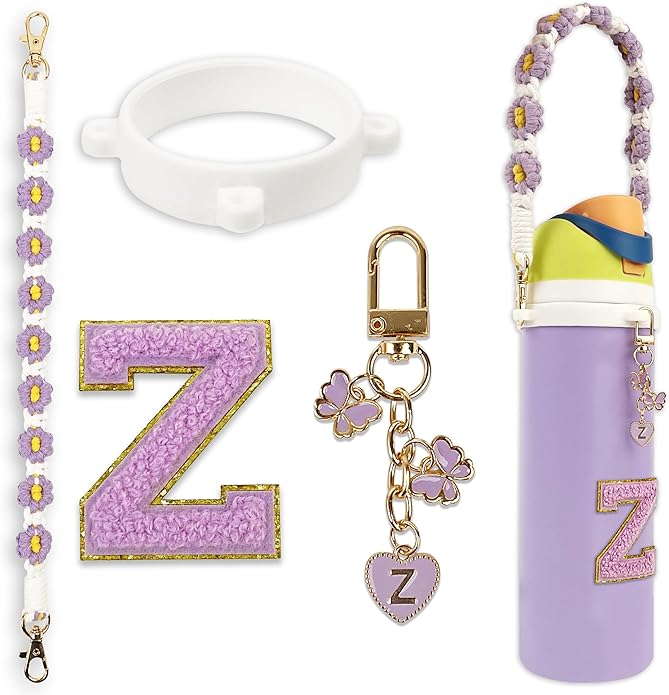 Compatible with Owala Water Bottle Accessories, Cute Letter Charm Set with Boho Handle Strap, Monogram Sticker, Silicone Ring, Keychain Decoration, for FreeSip 24 32 40oz, Owala Kids, Tumbler Gift
