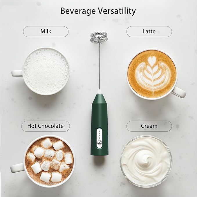 Puraville Rechargeable Milk Frother Handheld, 3 Speeds Electric Whisk Drink Mixer, Type-C Charging BPA Free for Coffee, Latte, Cappuccino, Egg,Cream, Dark Green