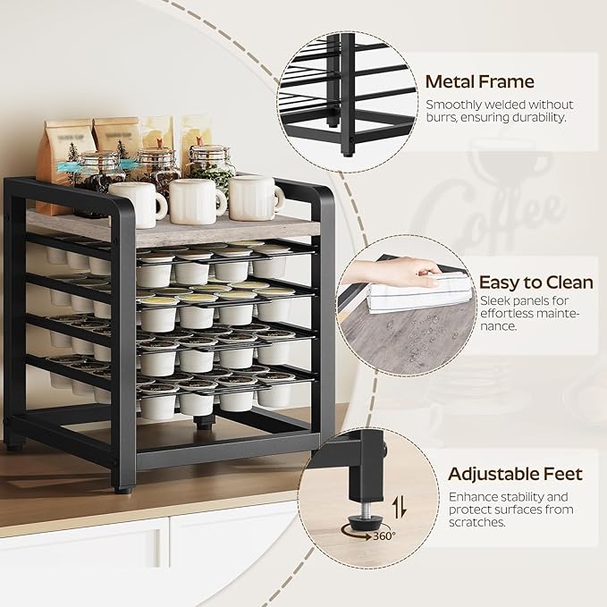 Coffee Pod Drawer Holder, 4 Tier Organizer for K Cup, 80 Pods Capacity, Spacious Storage Rack for K Cup, Space Saving, Easy Assembly, for Kitchen, Greige and Black KH04BG