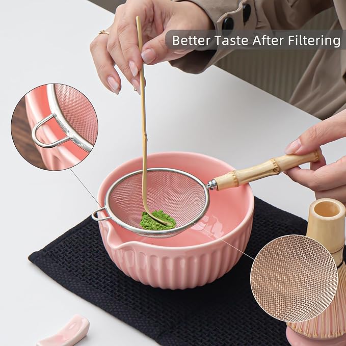 Matcha Whisk Set, Matcha Set Includes Ceramic Matcha Bowl, Matcha Whisk and Holder, Bamboo Scoop, Sifter, Scoop Rest and Tea Towel - 7 Pcs Matcha Making Kit for Matcha Lover and Tea Ceremony