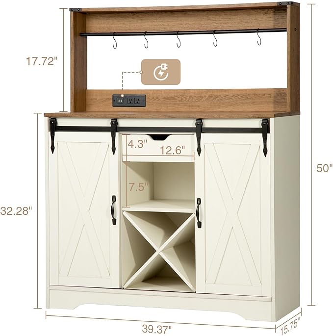 Wnutrees Farmhouse Coffee Bar Cabinet with Charging Station and USB Ports, Sliding Barn Door, 39" Kitchen Hutch Sideboard Buffet Storage Cabinet, Fits Kitchen Dining Living Room, White