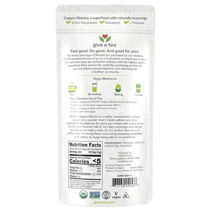 NOW Foods, Certified Organic Matcha Green Tea Powder, Non-GMO Project Verified, 3-Ounce (Pack of 2)