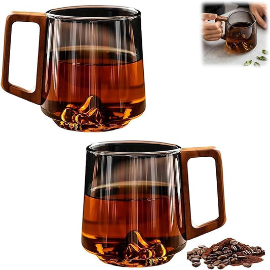 Gray Glass Slanted Coffee Cups with Wooden Handle, 15.2oz Large Glass Mugs with Handle, 3D Mountain Bottom Clear Coffee Mugs for Café & Tea Lovers, Vintage Style Wood Handle Mug for Home, Gift