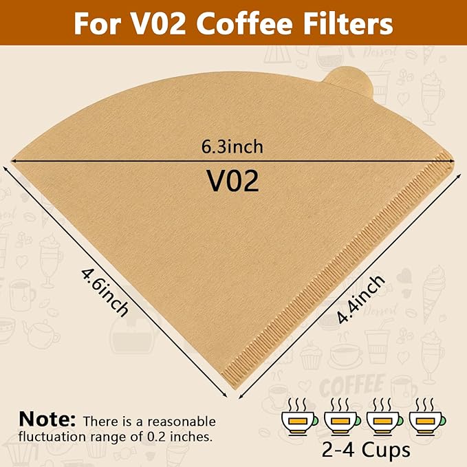 EASTYLIF Disposable Cone Coffee Filters V02-200 Count Unbleached Natural Brown Paper Filters, 2-4 Cup Pour Over & Drip Coffee Makers, Compatible with Conical/V-Shaped Drippers