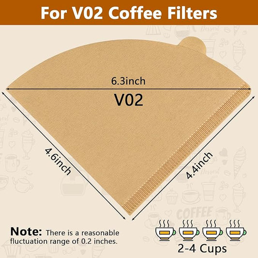 EASTYLIF Disposable Cone Coffee Filters V02-200 Count Unbleached Natural Brown Paper Filters, 2-4 Cup Pour Over & Drip Coffee Makers, Compatible with Conical/V-Shaped Drippers