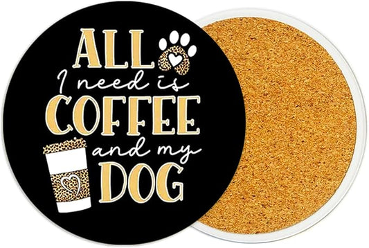 2Pack Coffee Dog Ceramic Coasters Absorbent Coasters for Drinks with Cork Base,Coffee Coaster for Table Office Desk Decor Coffee Cup Wine Beer Bar Cup Mat 3.9 Inch,Coffees Gifts for Women,Men,Dad