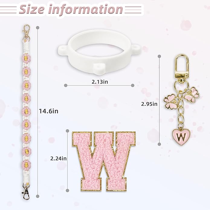 Compatible with Owala Water Bottle Accessories, Cute Letter Charm Set with Boho Handle Strap, Monogram Sticker, Silicone Ring, Keychain Decoration, for FreeSip 24 32 40oz, Owala Kids, Tumbler Gift