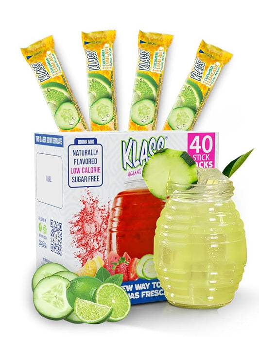Klass Aguas Frescas, Powdered Drink Mix, 40 Singles Zero Sugar & Caffeine-Free Powder Packets, Water Drink Mix, Flavor: Cucumber Limeade - 5 Calories Per Packet & Natural Flavors