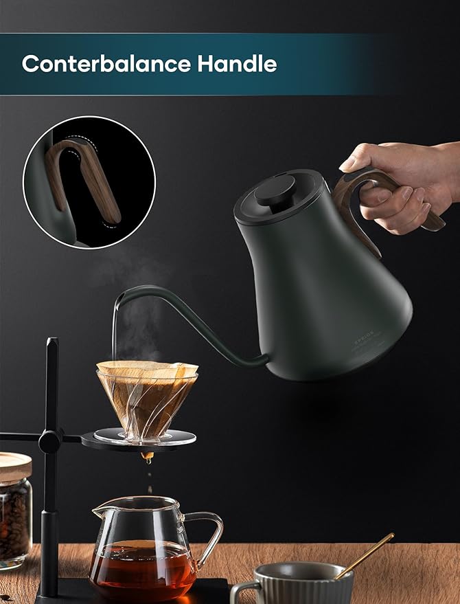 Gooseneck Electric Kettle with ±1℉ Temperature Control for Pour Over Coffee & Tea, Quick Heating, BPA-Free Stainless Steel, Built-in Brew Timer, 1500W/0.9L (Onyx Black)