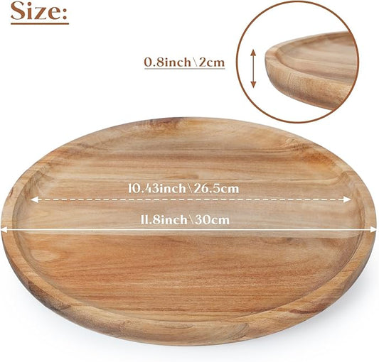 YANGQIHOME 11.8 inches Round Wood Tray, Wooden Serving Tray, Acacia Plates, Appetizer Charcuterie Board, Tray Organizer for Kitchen/Countertop, 11.8 x 11.8 x 0.8 inch