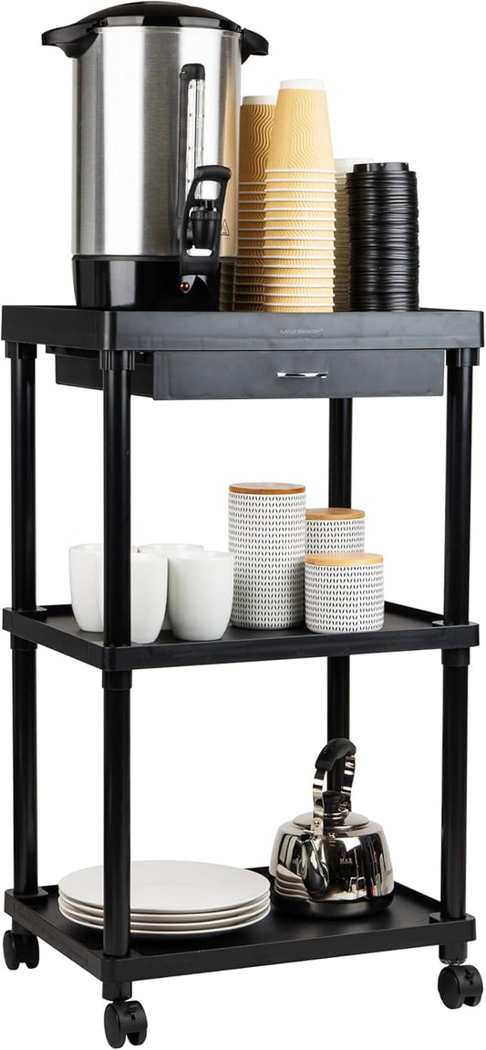 Mind Reader Bar Cart, Rolling, Utility Cart, 3-Tier, Coffee Cart, Bathroom, Kitchen, Plastic, 20"L x 15"W x 34.5"H, Black