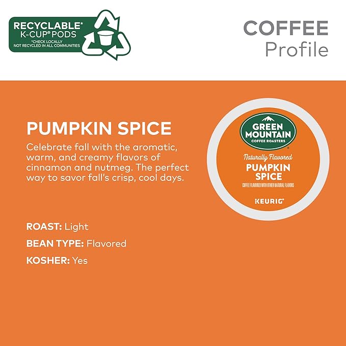 Green Mountain Coffee Roasters Pumpkin Spice, Keurig Single-Serve K-Cup Pods, Light Roast Coffee, 60 Count (6 Packs of 10)