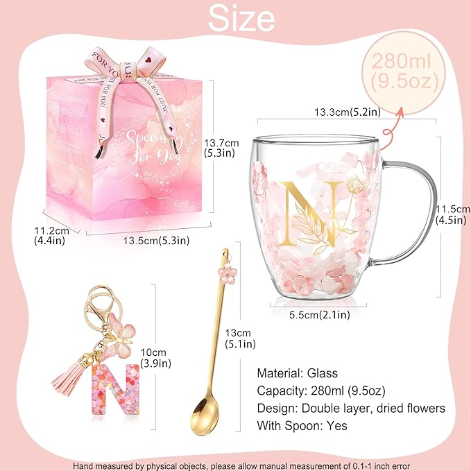 Personalized Gift for Women Flower Glass Coffee Mug Initial Tea cup Monogrammed Customized Bridesmaid Bride Wedding Gifts Graduation Gifts Valentine Mother's Day Birthday Christmas Gift (N)