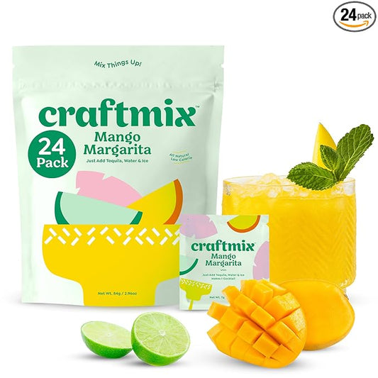 Craftmix Mango Margarita Cocktail & Mocktail Drink Mixer, Skinny Mixes - Water Flavoring Packets - Made With Real Fruit - Vegan, Low-Carb, Low-Sugar, Non-GMO, Dairy Free, Gluten Free, 24 Pack