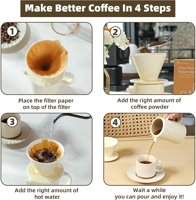 Pour Over Coffee Maker Set,Ceramic Pour Over Coffee Dripper Set with 20 Count Paper Coffee Filters,for Home Café Restaurant Camping,15.8 Ounces(Multi-Color Dot)