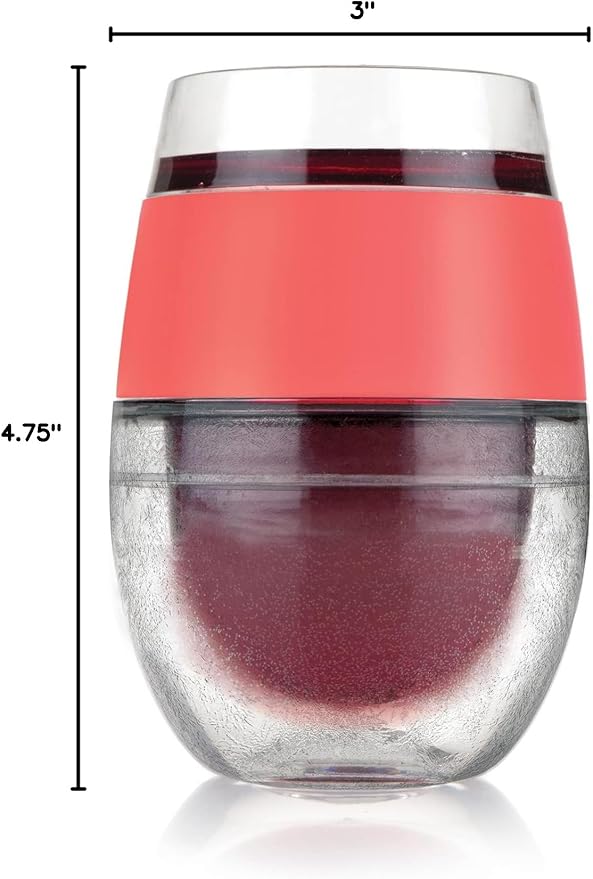 Host Cooling Wine Freeze Cup with Lid, Set of 2 Plastic Double Wall Insulated Wine Tumbler Drink Cups with Freezing Gel for Red and White Wine, Coral