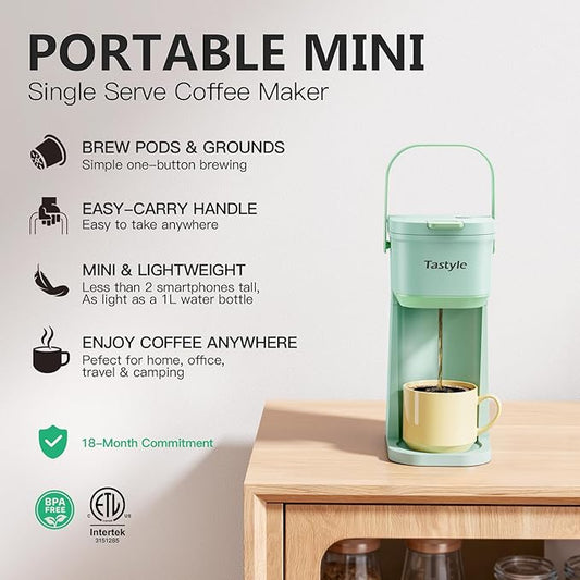 Tastyle Single Serve One Cup Coffee Maker, for K Cups and Grounds, Mini Coffee Maker with Portable Handle, 6 to 12 Oz Brew Size, for Travel, Camping, Office, RV and Dorm, 120V, Oasis