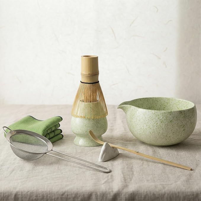 Japanese Matcha Tea Ceremony Set - 7 Piece Complete Matcha Whisk Set with Ceramic Bowl, Bamboo Whisk (Chasen), Sifter & Accessories - Green