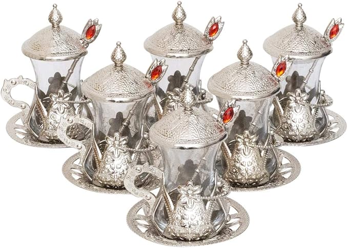 Alisveristime Handmade Turkish Tea Glass Set - Traditional Turkish Motifs, Set of 6 with Lids and Bonus Tea Spoons (Silver)