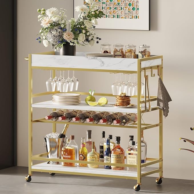 BON AUGURE Bar Cart for The Home, Rolling Home Bar Serving Cart on Wheels, 3 Tier Mobile Liquor Beverage Carts with Wine Rack and Glass Holder (Gold & Marbleized White)