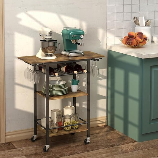 LAATOOREE Bar Cart, Home Bar Serving Cart, 3 Tier Mobile Drink Beverage Cart, Rolling Kitchen Shelf with Wine and Glass Holders, for Dinning Room, Living Room, Kitchen