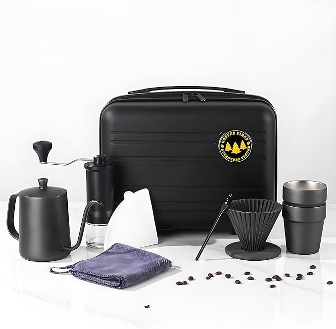 9-Piece Pour Over Coffee Set, Travel Camping Coffee Maker Kit with SS Kettle & Grinder, Hand Drip Gear for Outdoor Home, 2025 Holiday Gift