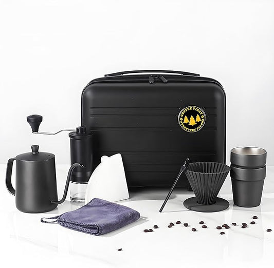 9-Piece Pour Over Coffee Set, Travel Camping Coffee Maker Kit with SS Kettle & Grinder, Hand Drip Gear for Outdoor Home, 2025 Holiday Gift
