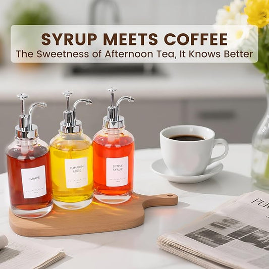 16.9oz Coffee Syrup Dispensers 4Pack- Glass Syrup Dispenser Kit for Coffee Bar Accessories for Home Coffee Bar/Premium Labeled Barista Kit, Silver