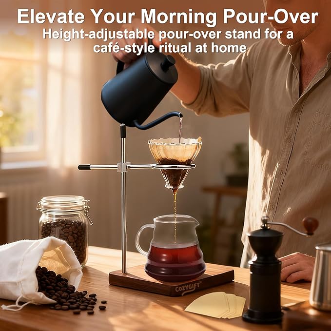 COZYGIFT Pour Over Coffee Stand with American Black Walnut Base, Adjustable Coffee Dripper Stand, Wooden Brewing Station, Cone Holder, Elegant Gift for Brew Enthusiasts, Home Barista & Kitchen Décor