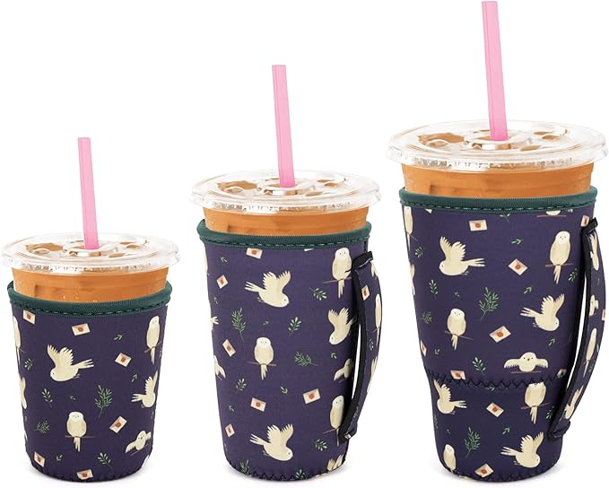 3 Pack Iced Coffee sleeve Insulated Neoprene Cup Sleeves with handle For Cold Drinks Beverages, Reusable Cup Holder for 16oz-32oz Coffee Cups (Owls and Envelopes)