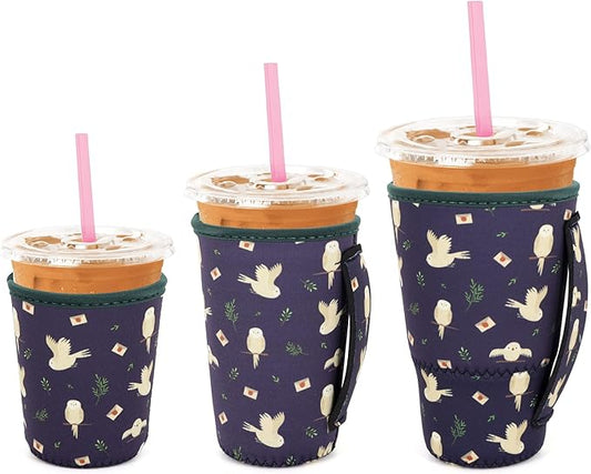 3 Pack Iced Coffee sleeve Insulated Neoprene Cup Sleeves with handle For Cold Drinks Beverages, Reusable Cup Holder for 16oz-32oz Coffee Cups (Owls and Envelopes)