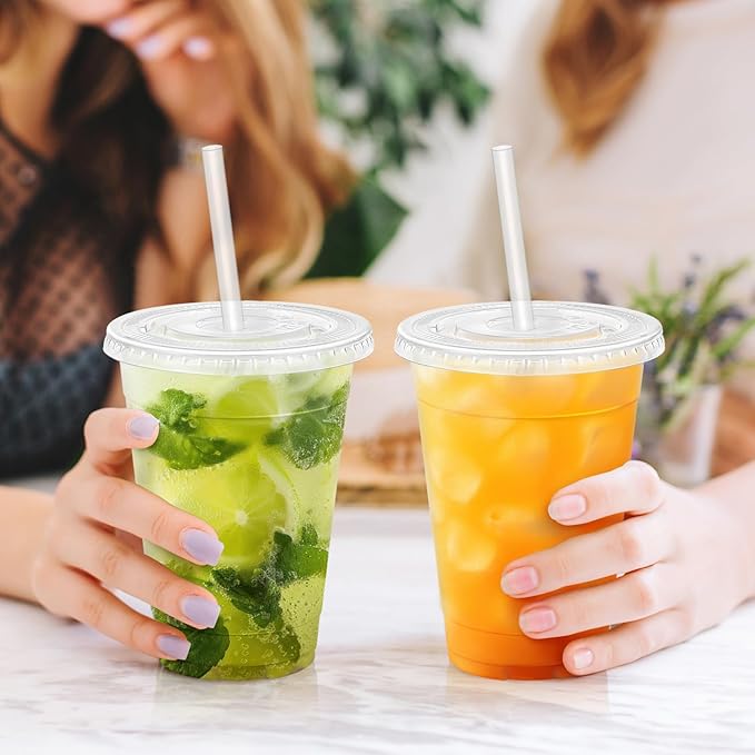 Clawsoff 16 oz 100 Pack Plastic Cups with Lids and Straws, Sturdy Food Safe Iced Clear Coffee Cups Disposable Smoothie Cups for Cold Drinks